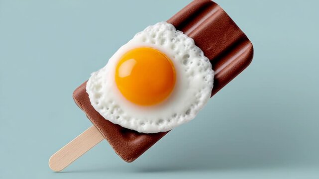 Chocolate ice cream popsicle topped with a fried egg on a wooden stick, presented against a light blue background, showcasing a unique dessert concept with vibrant colors and textures