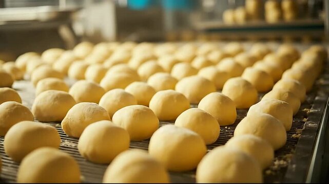 Freshly prepared dough balls lined up in a baking facility.