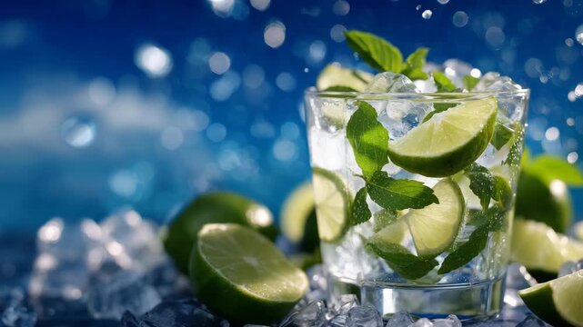 Low-angle view, mojito glass slightly tilted, ice cubes and lime slices catching sunlight, sparkling blue backdrop, fresh and invigorating summer drink aesthetics