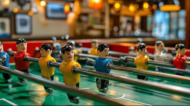 A vibrant foosball table showcasing colorful player figurines.