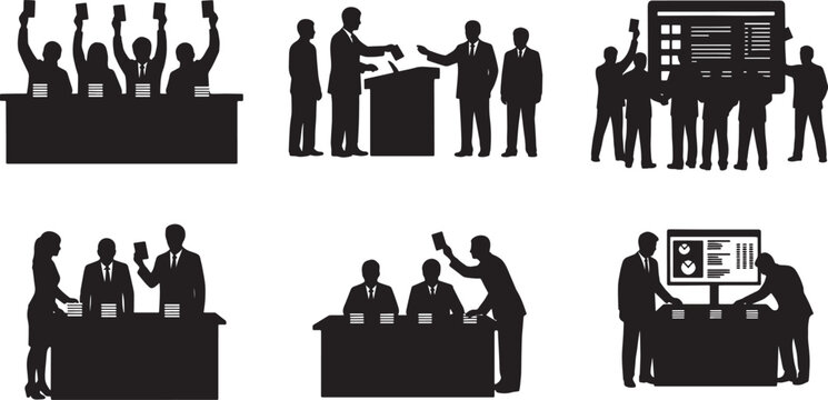 Black Solid Shareholder Voting Silhouettes Set of Six on White Background