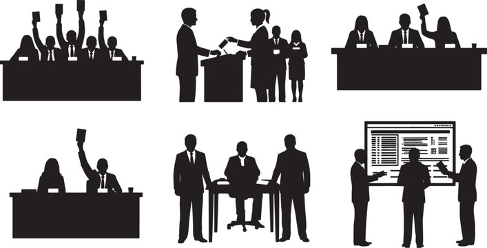 Black Solid Shareholder Voting Silhouettes Set of Six on White Background