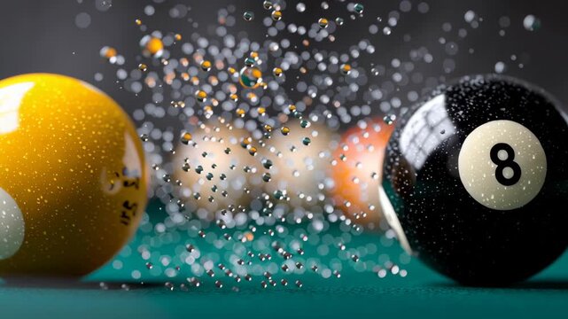 Yellow and black billiard balls collide on a green felt table, creating a splash of water droplets, with additional balls blurred in the background, capturing the dynamic action of the game