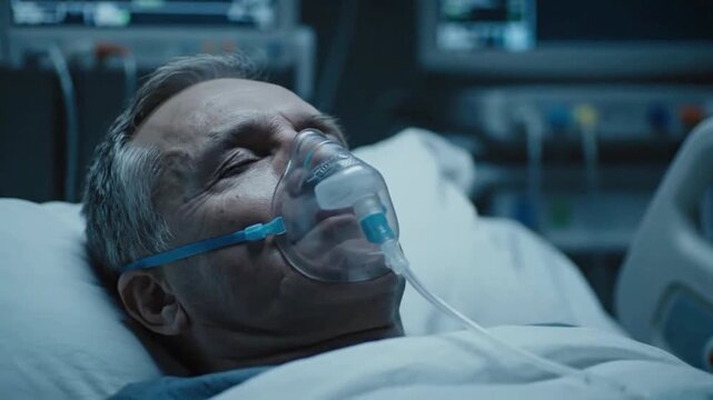 Mature man in hospital bed wearing oxygen mask in intensive care unit