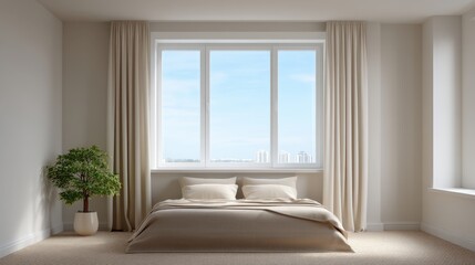 Fototapeta premium Cozy minimalist bedroom with large window, soft beige bedding, natural decor, and city view, perfect for relaxation and peaceful living environment
