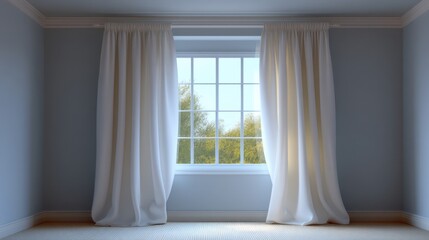 Fototapeta premium Soft Natural Light Illuminating a Minimalist Room with Sheer Curtains and a Large Window Framing a Peaceful Outdoor Landscape in a Cozy Space