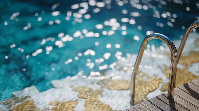 Luxury pool detail shot, stainless steel ladder emerging from vibrant turquoise water, soft reflections dancing on the surface, sunlit wood deck with subtle shadows, minimalistic r