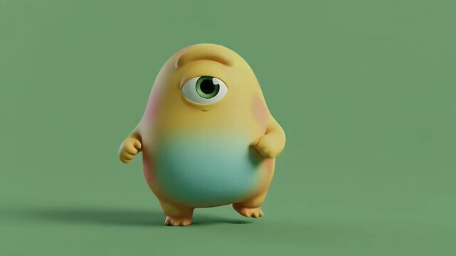 Cute Yellow and Blue One-Eyed Monster Character Standing on Green Background