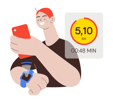 Happy male wearing smart watch or band, holding smartphone. Projection of a watch screen with training activity load. Wireless fitness tracker. Colorful flat vector illustration on a white background.