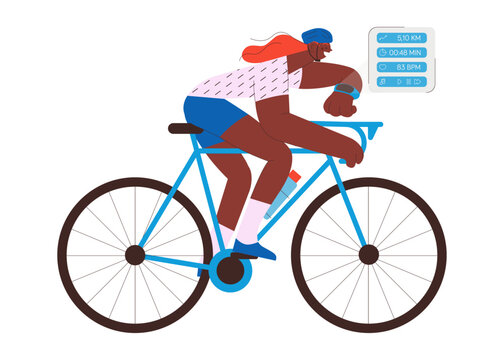 Female cyclist riding bicycle wearing helmet and checking her smart watch outdoor activity. Imitation of a glass screen projection with sport activity. Wearable sport device. Flat vector illustration.