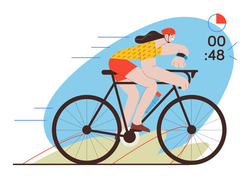 Female cyclist riding bicycle wearing helmet and checking her smart band outdoor activity. Time data and clock icon. Wearable sport device. Flat vector illustration on a colorful background.