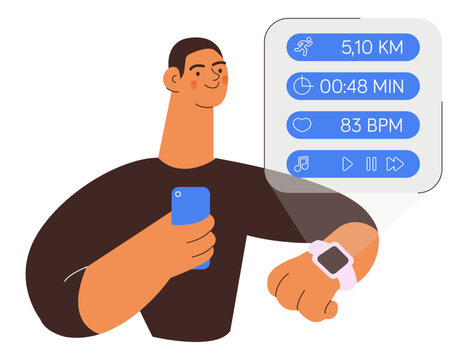 Happy male wearing smart watch or band, holding smartphone. Projection of a watch screen with training activity load. Fitness tracker. Colorful flat vector illustration on a white background.