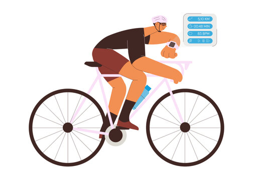 Male cyclist riding bicycle wearing helmet and checking his smart watch outdoor activity. Imitation of a glass screen projection with sport activity. Wearable sport device. Flat vector illustration.