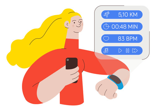 Happy female wearing smart watch or band, holding smartphone. Projection of a watch screen with training activity load. Fitness tracker. Colorful flat vector illustration on a white background.