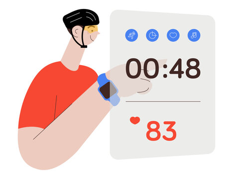 Happy male wearing smart watch or band and sport helmet. Man checking projection of his smart watch screen with training activity load. Fitness tracker. Flat vector illustration on a white background.