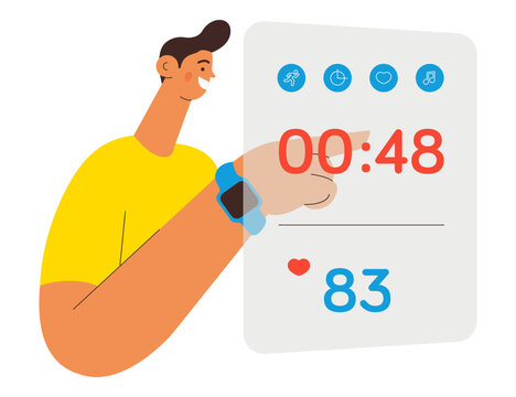 Happy smiling male wearing smart watch or band. Man checking projection of his smart watch screen with training activity load. Fitness tracker. Colorful flat vector illustration on a white background.