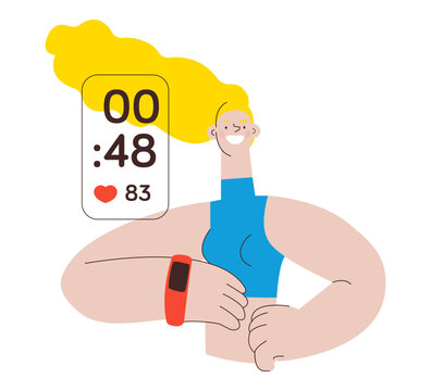 Happy smiling female wearing smart watch or band. Projection of a watch screen with training activity load. Fitness tracker. Colorful flat vector illustration on a white background.