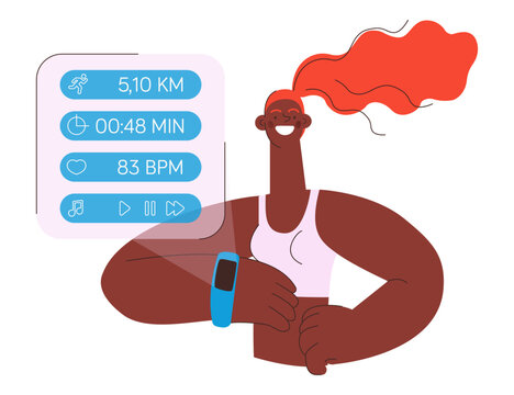 Happy smiling female wearing smart watch or band. Projection of a watch screen with training activity load. Fitness tracker. Colorful flat vector illustration on a white background.