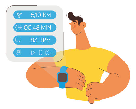 Happy male wearing smart watch, holding smartphone. Projection of a watch screen with training activity load. Fitness tracker. Colorful flat vector illustration on a white background.