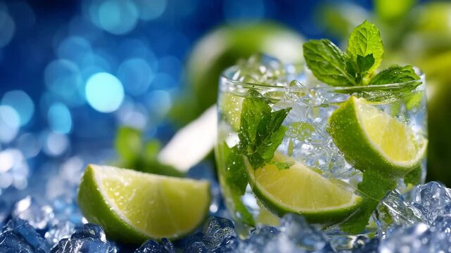 Macro detail of mojito, lime wedges and mint leaves floating in ice, sparkling blue background creating vibrant contrast, light catching the bubbles and water droplets