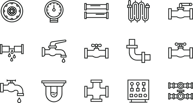 Plumbing and pipe system icon set water valve faucet meter drainage symbols minimal outline black white vector illustration