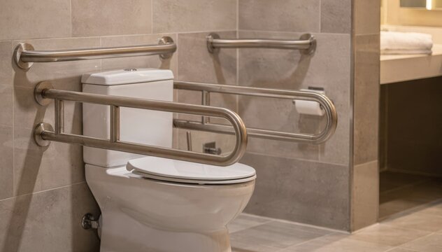 Medium shot of grab bars installed near the toilet in a hotel bathroom emphasizing safety and support features for guests.