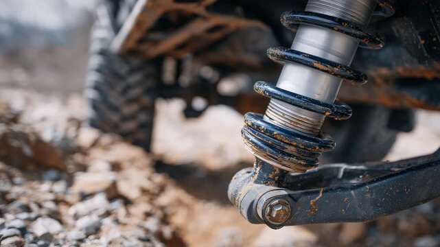 Macro shot of suspension components under vehicle, bolts, joints, and springs visible, dust and grease adding realism, focused lighting highlighting engineering complexity
