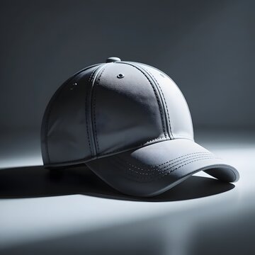 Elegant grey baseball cap with subtle stitching details cast in soft lighting. basball cap