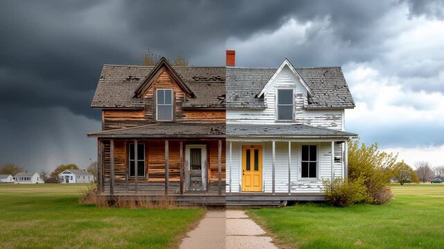 Split view of two contrasting houses, one weathered and rustic with peeling paint, the other modern and bright with a yellow door, set against a dramatic stormy sky