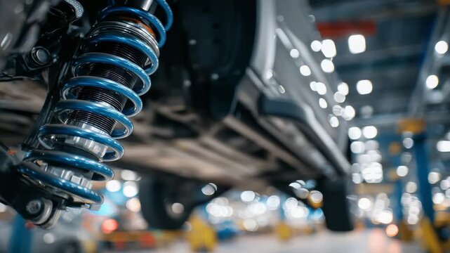 Macro view of suspension components under a lifted car, coil springs and struts visible, textured metal surfaces highlighted by workshop lights, focus on mechanical precision and e