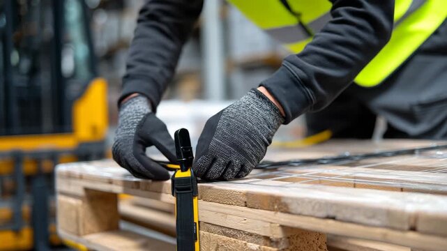 Macro-detail of ratchet strap mechanism, gloved hands securing pallet edges, blurred truck and warehouse environment behind, textures of cardboard and wood emphasized