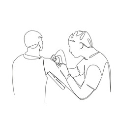 One continuous single drawing line art flat doodle person, tattoo artist, glove, client, tattoo, art, artist, hand, occupation, professional. Isolated image hand draw contour on a white background; ha