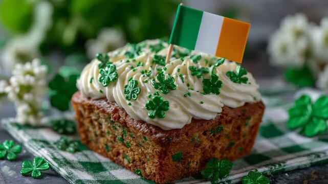 Mini Irish flag on cake, surrounded by green frosting and clover sprinkles, macro festive shot