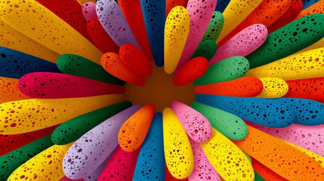 Colorful abstract arrangement of sponge-like shapes in vibrant hues radiating from the center, showcasing a dynamic visual flow of colors and textures in a circular formation