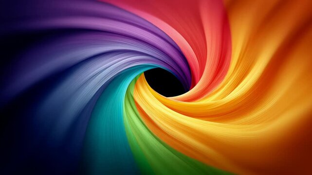 Colorful swirling abstract patterns transition through vibrant hues of purple, blue, green, yellow, orange, and red, creating a dynamic visual flow in a continuous spiral formation