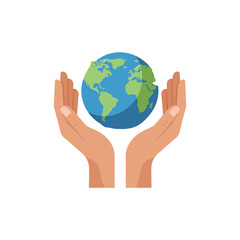 Fototapeta premium “Global environment protection illustration, earth protected by hands and leaves, flat modern style, clean shapes, minimal detail, solid colors, vector-friendly, no text,