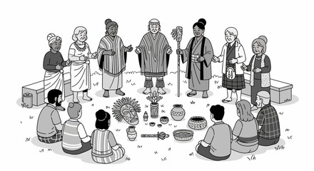 Group of People in Traditional Clothing Gathering.