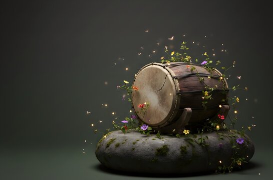 Traditional wooden drum bedug covered in moss and wildflowers on stone with glowing sparks, generative AI.