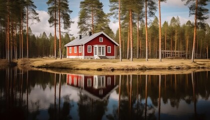 house on the lake, a cute red cottage with White corners, pine and birch forest, Lake, V&auml;rmland Sweden, Picturesque and Cute, warm vivid colors, 
