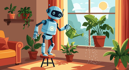 Robot Watering Plants in Living Room.