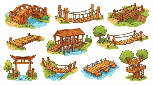 Nine cartoon wooden bridges and structures, varied designs including rope, truss, plank, log, curved, arched, playful educational showcase.