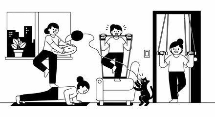 Women Exercising at Home with Cat.