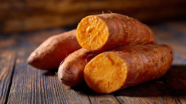 Professional culinary stock style, fresh sweet potatoes on rustic table, scattered in casual yet aesthetically pleasing composition, warm daylight, textures of skin and wood grain