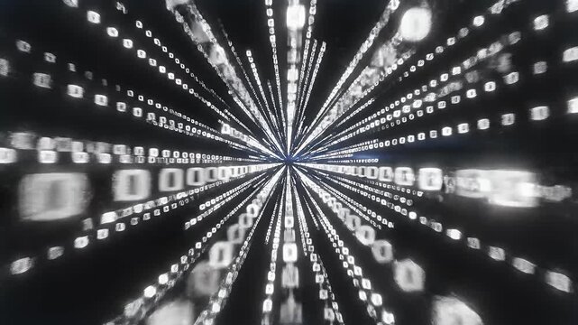Abstract digital stream of glowing zero and one cubes radiating outwards from center