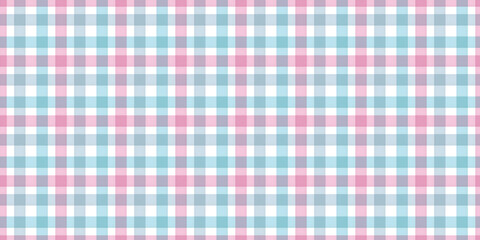 Seamless gingham plaid pattern with pastel blue, pink, and purple stripes on white background. Minimalist soft checkered wallpaper for nursery decor, spring textile, and feminine branding design