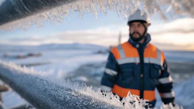 Professional winter industrial stock, worker carefully inspecting snow-covered pipeline, frosty ice details on metal, soft morning light, icy barren landscape with distant hills or
