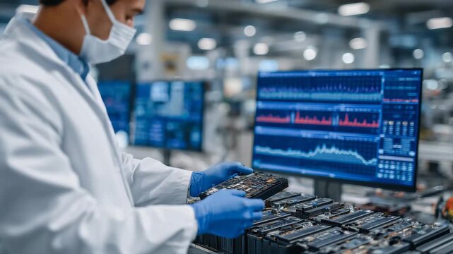 Scientist conducting battery performance tests, close-up of hands in gloves connecting sensors to battery cells, digital monitors displaying voltage data, modern clean laboratory a