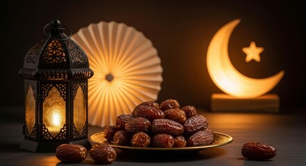 Dates on gold plate with lantern crescent moon lamp and decorative fan in warm lighting symbolizing ramadan or islamic celebration
