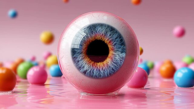 Colorful 3D eyeball surrounded by vibrant spheres in a reflective pink environment, showcasing detailed iris texture and glossy surface, creating a visually striking composition