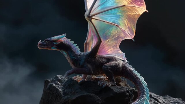 Iridescent winged dragon on rocky cliff spreads wings then lifts off into dark misty sky